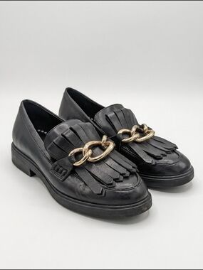Antonio Melani Black Leather Fringe Chain Loafers Size 7.5